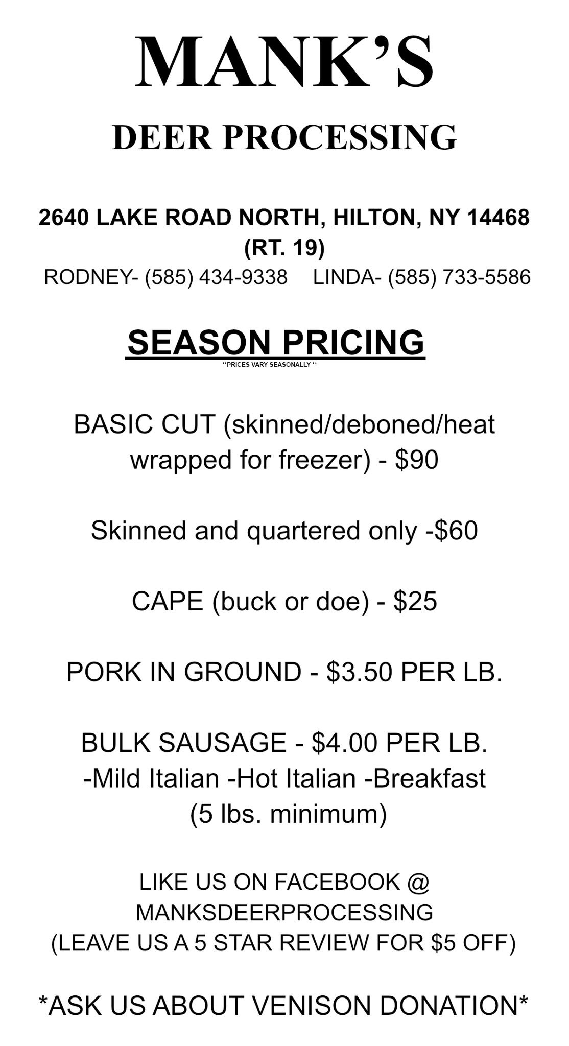 2025 deer processing rates and season information